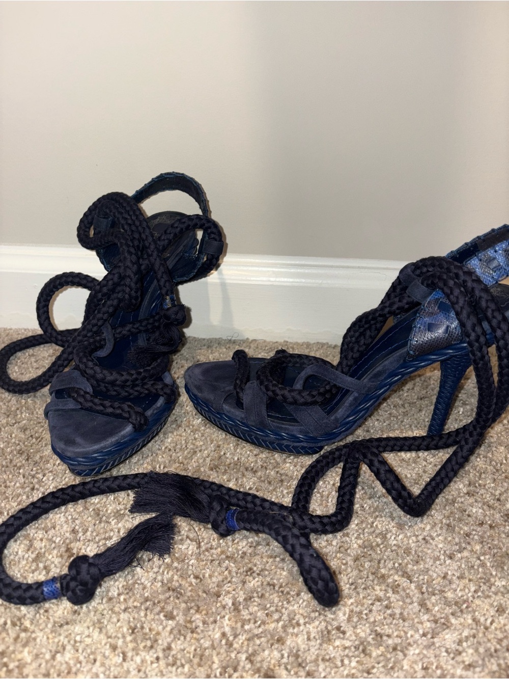 Dior Navy Braided Lace-Up High Heel Sandals - Picture 3 of 6
